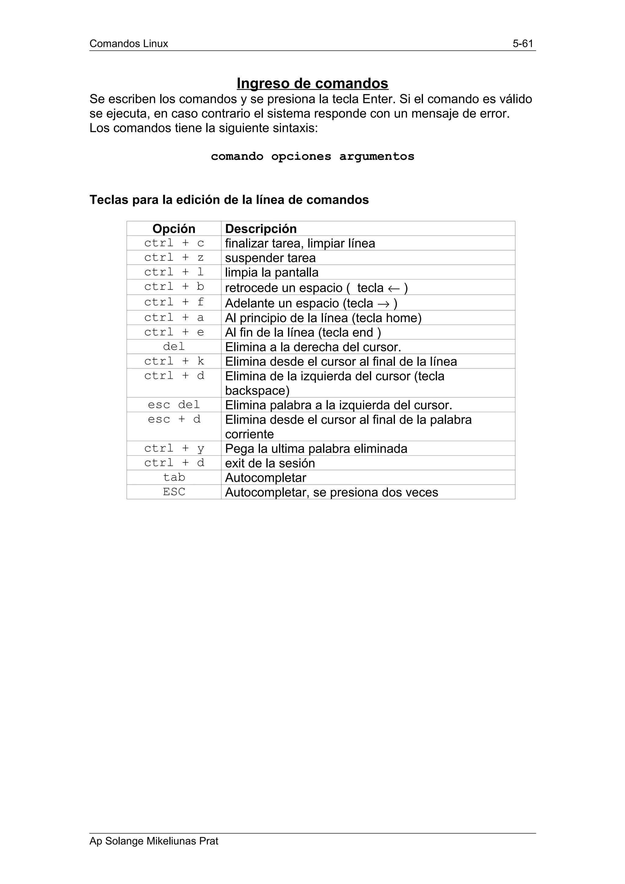 Comandos Linux 5-61
Ingreso de comandos
Se escriben los comandos y se presiona la tecla Enter. Si el comando es válido
se ejecuta, en caso contrario el sistema responde con un mensaje de error.
Los comandos tiene la siguiente sintaxis:
comando opciones argumentos
Teclas para la edición de la línea de comandos
Opción Descripción
ctrl + c finalizar tarea, limpiar línea
ctrl + z suspender tarea
ctrl + l limpia la pantalla
ctrl + b retrocede un espacio ( tecla ← )
ctrl + f Adelante un espacio (tecla → )
ctrl + a Al principio de la línea (tecla home)
ctrl + e Al fin de la línea (tecla end )
del Elimina a la derecha del cursor.
ctrl + k Elimina desde el cursor al final de la línea
ctrl + d Elimina de la izquierda del cursor (tecla
backspace)
esc del Elimina palabra a la izquierda del cursor.
esc + d Elimina desde el cursor al final de la palabra
corriente
ctrl + y Pega la ultima palabra eliminada
ctrl + d exit de la sesión
tab Autocompletar
ESC Autocompletar, se presiona dos veces
Ap Solange Mikeliunas Prat
 