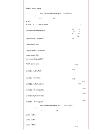 及存在的群组
                                                                 登陆进一个新的群组以
newgrp group_name                                                改变新创建文件的预设
                                                                 群组

                     linux commands line list v1.2 - LinuxGuide.it
返回顶部索引 ^
文件的权限 - 使用 "+" 设置权限，使用 "-" 用于取消
ls -lh                                                           显示权限

ls /tmp | pr -T5 -W$COLUMNS                                      将终端划分成5栏显示
                                                                 设置目录的所有人
                                                                 (u)、群组(g)以及其他
chmod ugo+rwx directory1
                                                                 人(o)以读（r ）、写
                                                                 (w)和执行(x)的权限

                                                                 删除群组(g)与其他人
chmod go-rwx directory1                                          (o)对目录的读写执行
                                                                 权限
                                                                 改变一个文件的所有人
chown user1 file1
                                                                 属性
                                                                 改变一个目录的所有人
chown -R user1 directory1                                        属性并同时改变改目录
                                                                 下所有文件的属性

chgrp group1 file1                                               改变文件的群组
                                                                 改变一个文件的所有人
chown user1:group1 file1
                                                                 和群组属性
                                                                 罗列一个系统中所有使
find / -perm -u+s
                                                                 用了SUID控制的文件
                                                                 设置一个二进制文件的
                                                                 SUID 位 - 运行该文件
chmod u+s /bin/file1
                                                                 的用户也被赋予和所有
                                                                 者同样的权限
                                                                 禁用一个二进制文件的
chmod u-s /bin/file1
                                                                 SUID位

                                                                 设置一个目录的SGID
chmod g+s /home/public                                           位 - 类似SUID ，不过
                                                                 这是针对目录的
                                                                 禁用一个目录的 SGID
chmod g-s /home/public
                                                                 位
                                                                 设置一个文件的 STIKY
chmod o+t /home/public                                           位 - 只允许合法所有人
                                                                 删除文件
                                                                 禁用一个目录的 STIKY
chmod o-t /home/public
                                                                 位

                     linux commands line list v1.2 - LinuxGuide.it
返回顶部索引 ^
文件的特殊属性 - 使用 "+" 设置权限，使用 "-" 用于取消
                                                                 只允许以追加方式读写
chattr +a file1
                                                                 文件
                                                                 允许这个文件能被内核
chattr +c file1
                                                                 自动压缩/解压

                                                                 在进行文件系统备份
chattr +d file1
                                                                 时，dump程序将忽略
 
