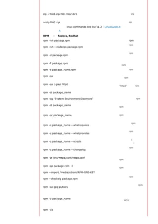 包
                                                                  将几个文件和目录同时
zip -r file1.zip file1 file2 dir1                                 压缩成一个zip格式的压
                                                                  缩包

unzip file1.zip                                                   解压一个zip格式压缩包

                      linux commands line list v1.2 - LinuxGuide.it
返回顶部索引 ^
RPM 包 - （Fedora, Redhat及类似系统）
rpm -ivh package.rpm                                              安装一个rpm包
                                                                  安装一个rpm包而忽略
rpm -ivh --nodeeps package.rpm
                                                                  依赖关系警告
                                                                  更新一个rpm包但不改
rpm -U package.rpm
                                                                  变其配置文件
                                                                  更新一个确定已经安装
rpm -F package.rpm
                                                                  的rpm包

rpm -e package_name.rpm                                           删除一个rpm包
                                                                  显示系统中所有已经安
rpm -qa
                                                                  装的rpm包
                                                                  显示所有名称中包含
rpm -qa | grep httpd
                                                                  "httpd" 字样的rpm包

                                                                  获取一个已安装包的特
rpm -qi package_name
                                                                  殊信息

rpm -qg "System Environment/Daemons"                              显示一个组件的rpm包
                                                                  显示一个已经安装的
rpm -ql package_name
                                                                  rpm包提供的文件列表

                                                                  显示一个已经安装的
rpm -qc package_name                                              rpm包提供的配置文件
                                                                  列表
                                                                  显示与一个rpm包存在
rpm -q package_name --whatrequires
                                                                  依赖关系的列表
                                                                  显示一个rpm包所占的
rpm -q package_name --whatprovides
                                                                  体积
                                                                  显示在安装/删除期间
rpm -q package_name --scripts
                                                                  所执行的脚本l
                                                                  显示一个rpm包的修改
rpm -q package_name --changelog
                                                                  历史
                                                                  确认所给的文件由哪个
rpm -qf /etc/httpd/conf/httpd.conf
                                                                  rpm包所提供

                                                                  显示由一个尚未安装的
rpm -qp package.rpm -l
                                                                  rpm包提供的文件列表

rpm --import /media/cdrom/RPM-GPG-KEY                             导入公钥数字证书
                                                                  确认一个rpm包的完整
rpm --checksig package.rpm
                                                                  性
                                                                  确认已安装的所有rpm
rpm -qa gpg-pubkey
                                                                  包的完整性
                                                                  检查文件尺寸、 许
                                                                  可、类型、所有者、群
rpm -V package_name
                                                                  组、MD5检查以及最后
                                                                  修改时间

rpm -Va                                                           检查系统中所有已安装
 