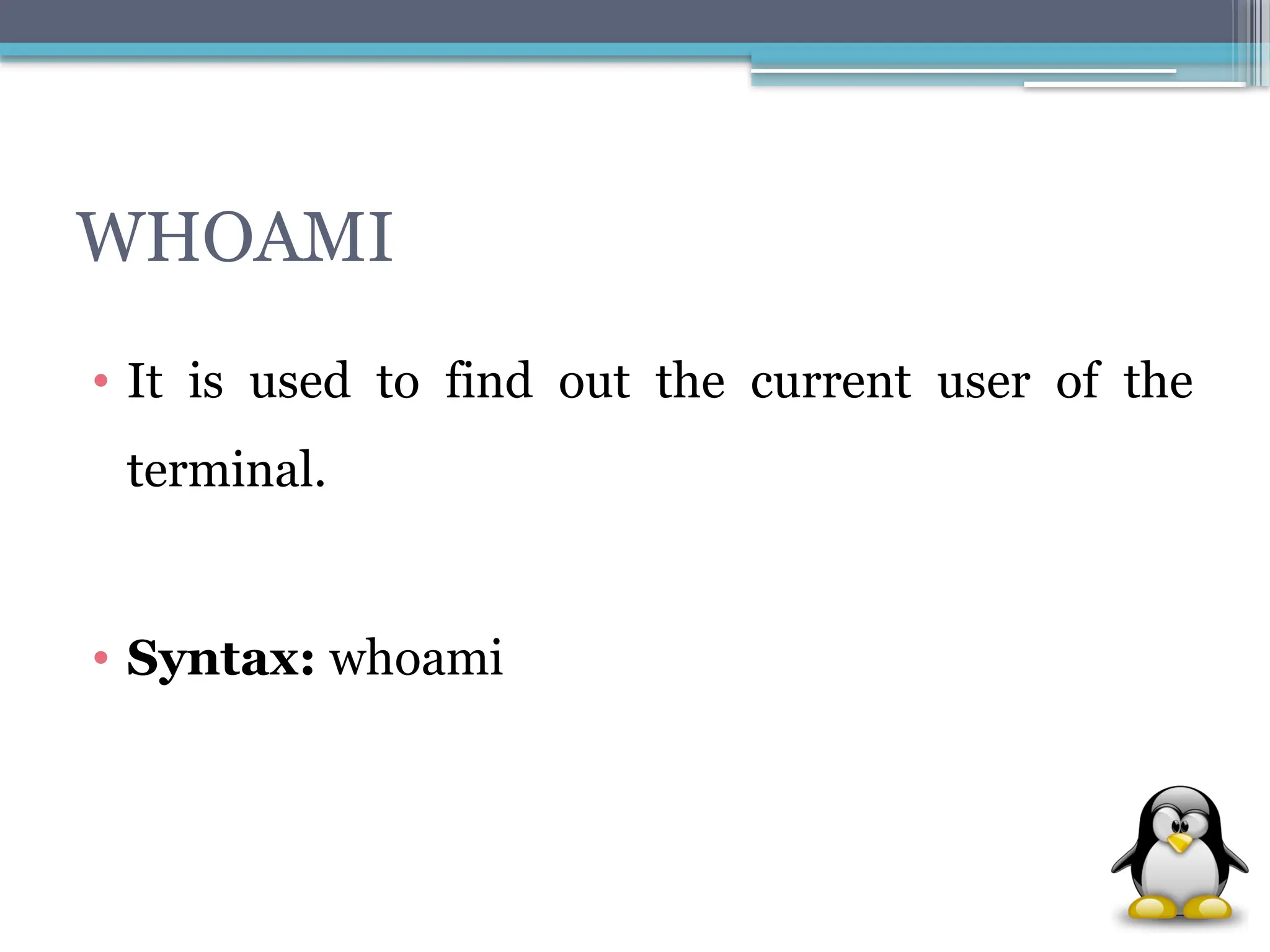WHOAMI
• It is used to find out the current user of the
terminal.
• Syntax: whoami
 