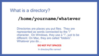What is a directory?
Directories are places you put files. They are
represented as words connected by the “/”
character. On Windows, they use a “”, just to be
different. On Mac, they are called “folders”.
Whatever you do…
DO NOT PUT SPACES
In directory/file names!
/home/yourname/whatever
 