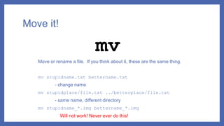 Move it!
Move or rename a file. If you think about it, these are the same thing.
mv stupidname.txt bettername.txt
- change name
mv stupidplace/file.txt ../betterplace/file.txt
- same name, different directory
mv stupidname_*.img bettername_*.img
Will not work! Never ever do this!
mv
 