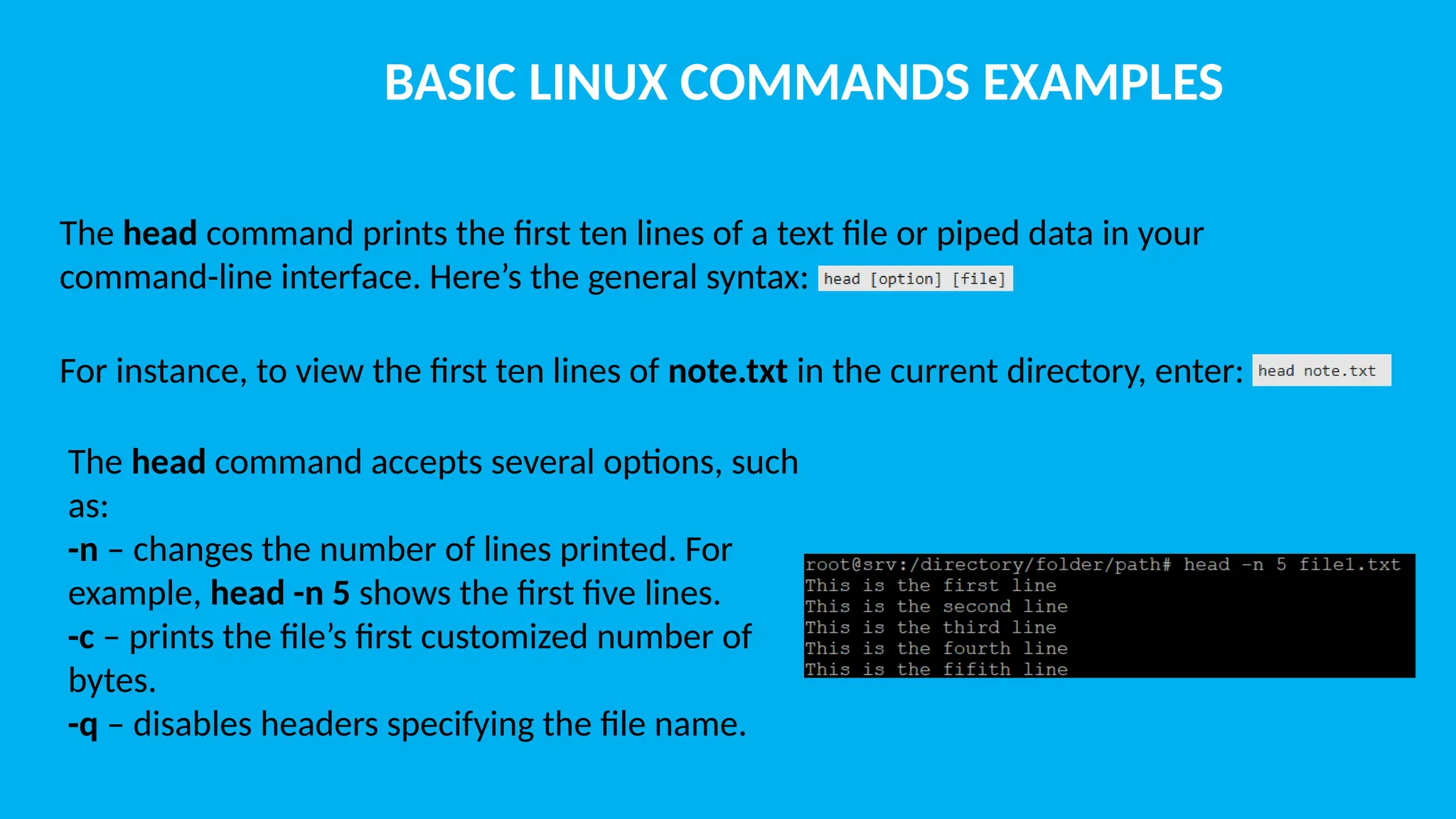 BASIC LINUX COMMANDS EXAMPLES The head command prints the first ten lines of a text file or piped data in your command-line interface. Here’s the general syntax: The head command accepts several options, such as: -n – changes the number of lines printed. For example, head -n 5 shows the first five lines. -c – prints the file’s first customized number of bytes. -q – disables headers specifying the file name. For instance, to view the first ten lines of note.txt in the current directory, enter: 