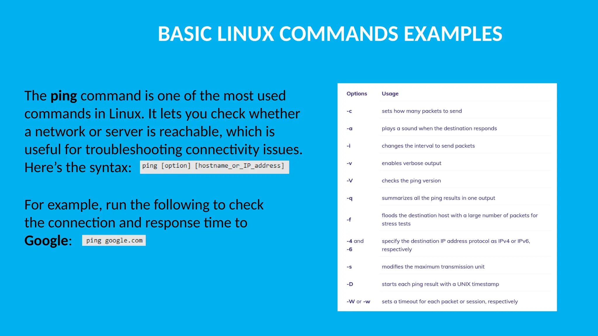 BASIC LINUX COMMANDS EXAMPLES The ping command is one of the most used commands in Linux. It lets you check whether a network or server is reachable, which is useful for troubleshooting connectivity issues. Here’s the syntax: For example, run the following to check the connection and response time to Google: 