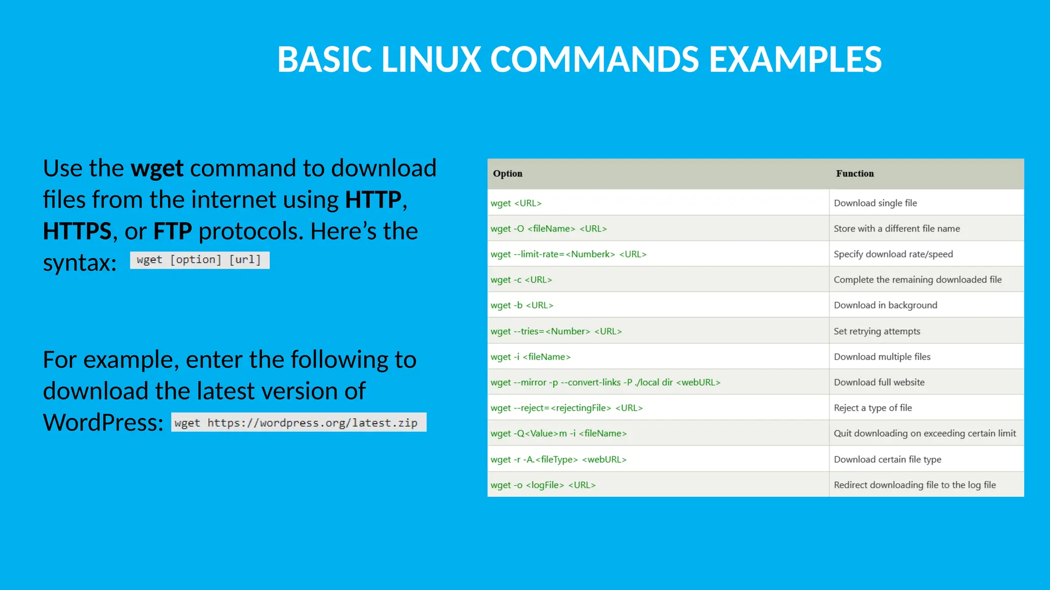 BASIC LINUX COMMANDS EXAMPLES Use the wget command to download files from the internet using HTTP, HTTPS, or FTP protocols. Here’s the syntax: For example, enter the following to download the latest version of WordPress: 