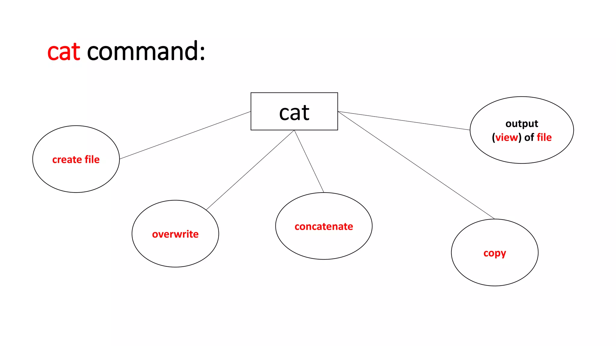 cat command:
cat
create file
overwrite
concatenate
copy
output
(view) of file
 