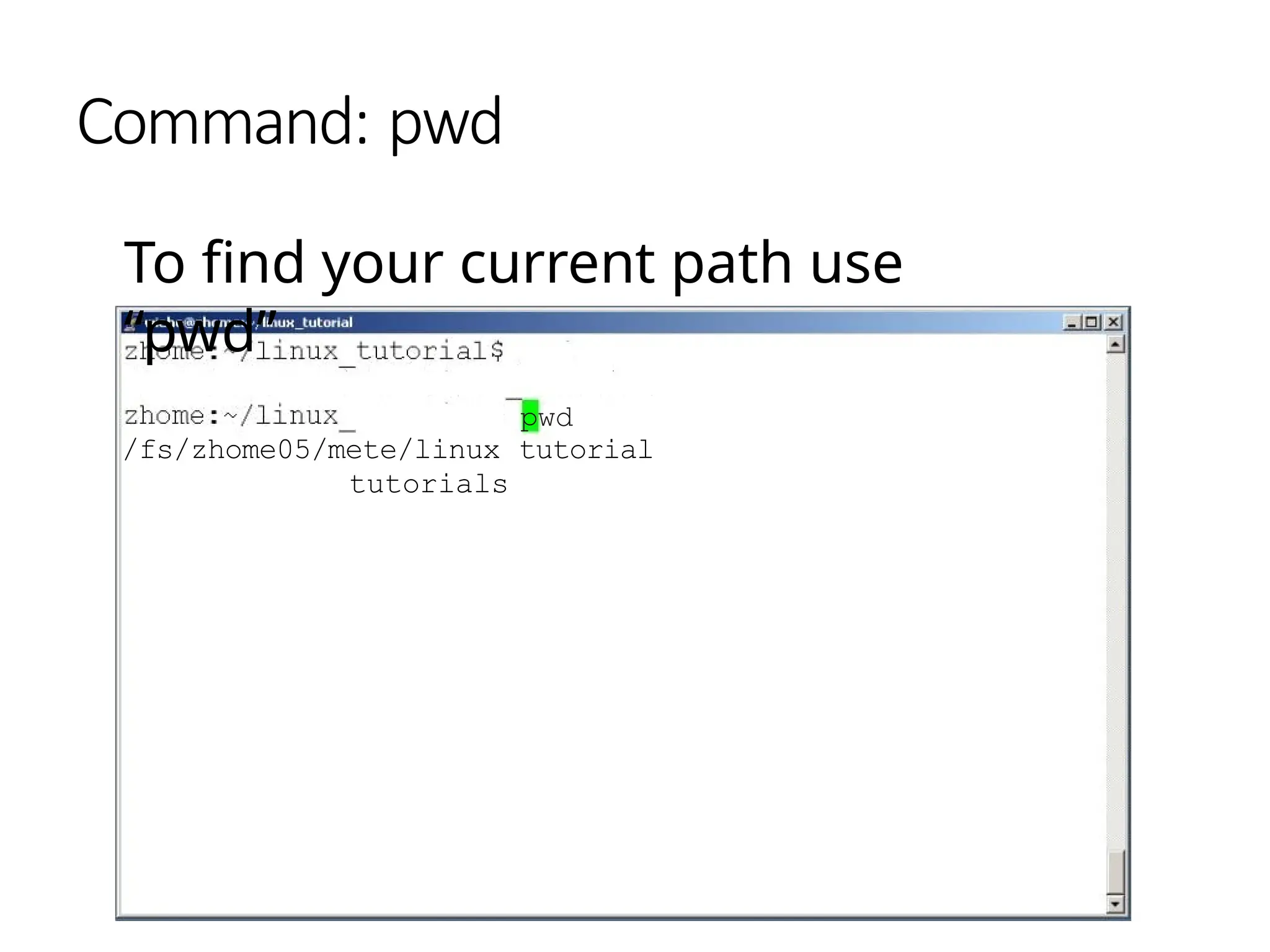 Command: pwd
To find your current path use
“pwd”
pwd
/fs/zhome05/mete/linux tutorial
tutorials
 