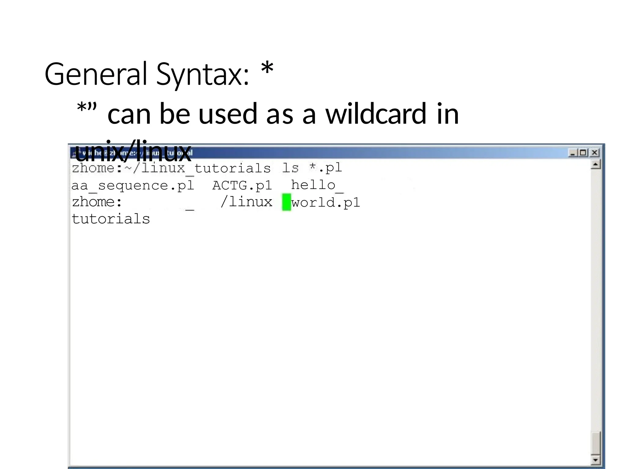 General Syntax: *
*” can be used as a wildcard in
unix/linuxtutorials
aa sequence.pl ACTG.p1
zhome: /linux
tutorials
.pl
hello
world.p1
 