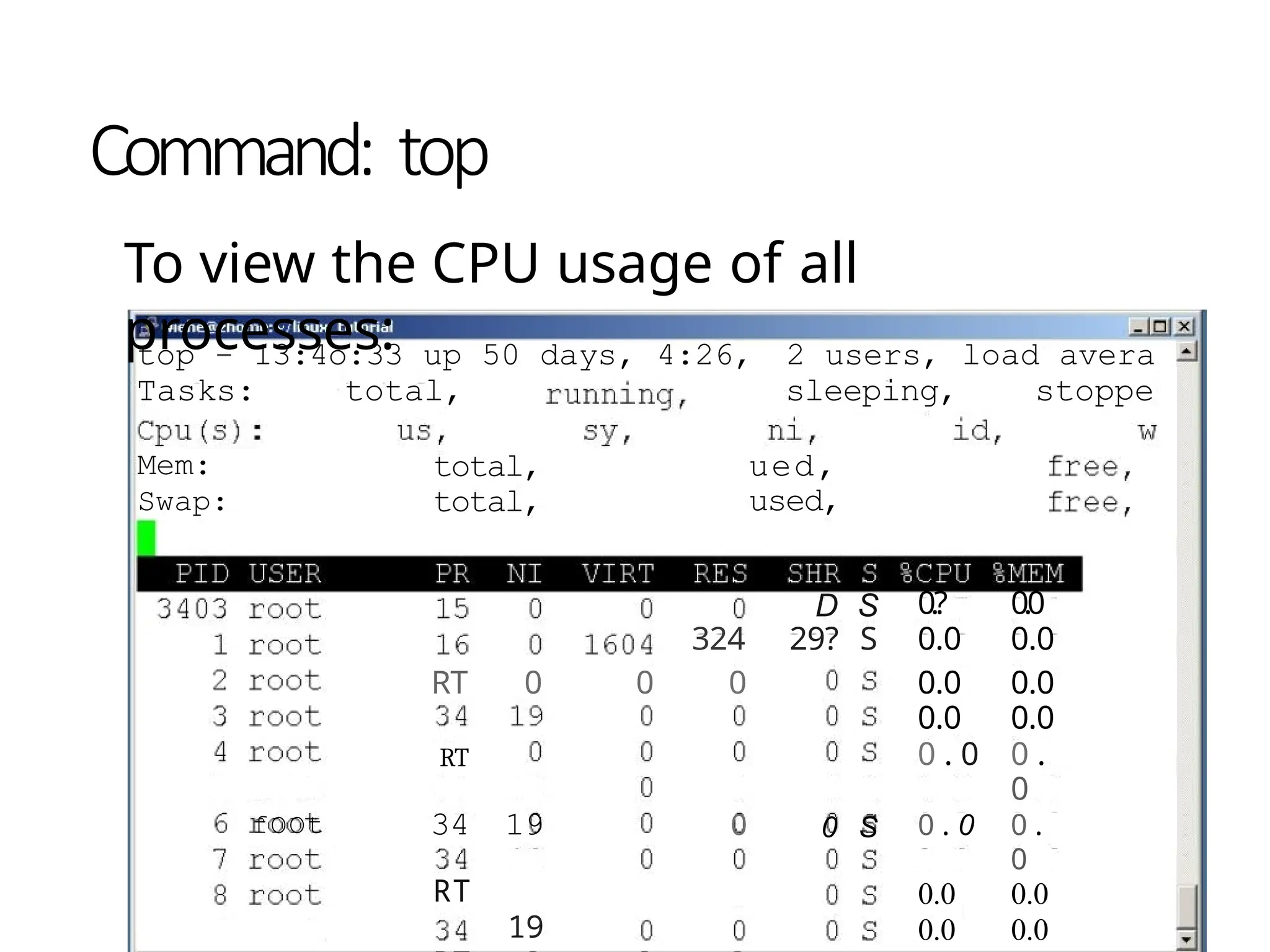 Command: top
To view the CPU usage of all
processes:
top - 13:4o:33 up 50 days, 4:26, 2 users, load avera
Tasks: total, sleeping, stoppe
Mem:
Swap:
total,
total,
ued,
used,
D S 0.? 0.0
324 29? S 0.0 0.0
RT 0 0 0 0.0 0.0
0.0 0.0
RT 0 . 0 0 .
0
fOOt 34 19 0 0 S 0 . 0 0 .
0
RT 0.0 0.0
19 0.0 0.0
 
