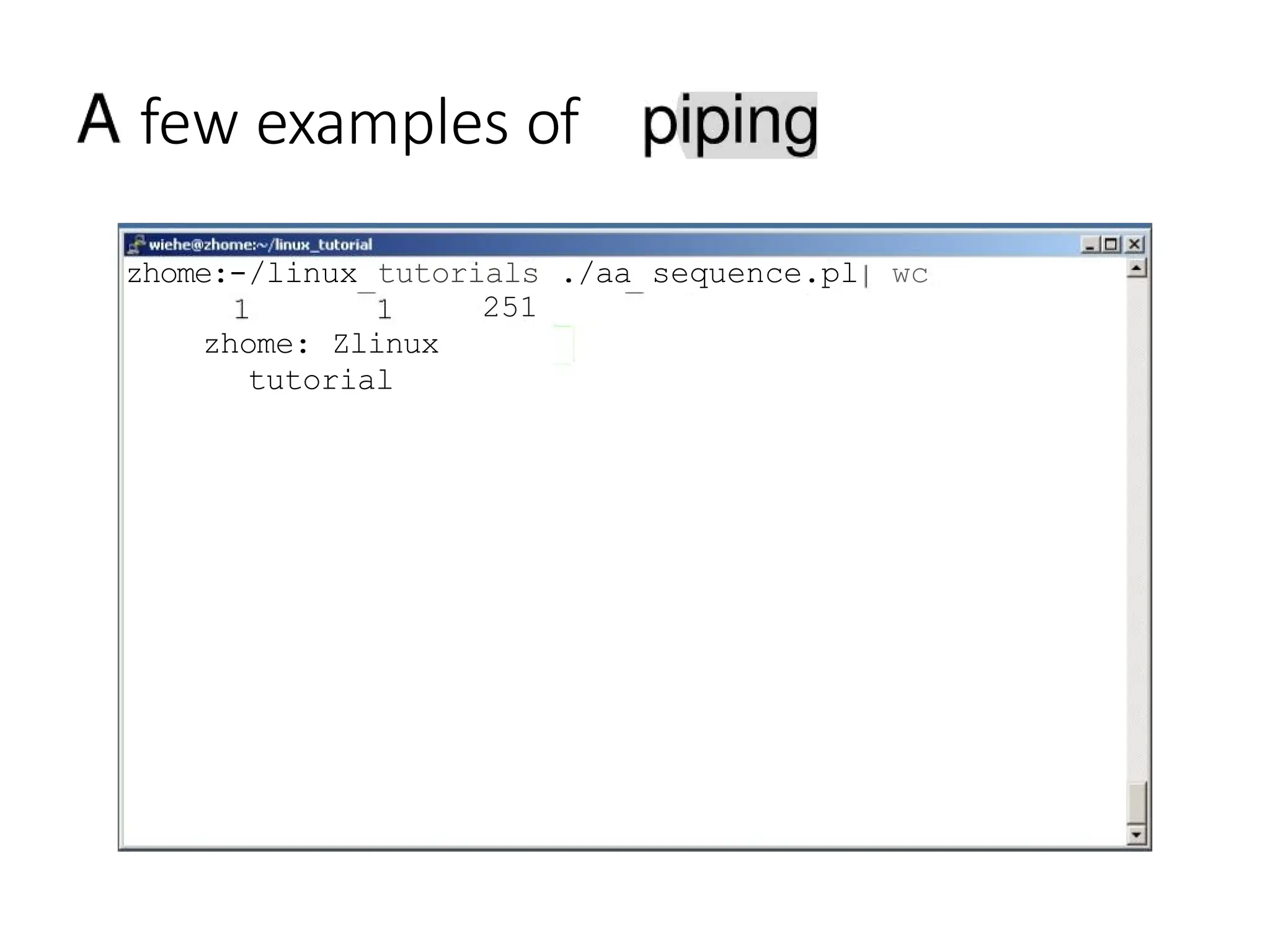 few examples of
zhome:-/linux tutorials ./aa sequence.pl wc
251
zhome: Zlinux
tutorial
 