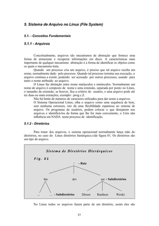 5. Sistema de Arquivo no Linux (File System) 
5.1. - Conceitos Fundamentais 
5.1.1 - Arquivos 
Conceitualmente, arquivos são mecanismos de abstração que fornece uma 
forma de armazenar e recuperar informações em disco. A características mais 
importante de qualquer mecanismo abstração é a forma de identificar os objetos como 
os quais o mecanismo trata. 
Quando um processo cria um arquivo, é preciso que tal arquivo receba um 
nome, normalmente dado pelo processo. Quando tal processo termina sua execução, o 
arquivo continua a existir, podendo ser acessado por outros processos, usando para 
tanto o nome atribuido ao arquivo. 
O Linux faz distinção entre nome maiúsculos e minúsculos. Normalmente um 
nome de arquivo é composto de nome e uma extensão, separada por ponto no Linux, 
o tamanho da extensão, se houver, fica a critério do usuário, e uma arquivo pode até 
ter duas ou mais extenções, exemplo : prog.c.Z. 
Não há limite de números de caracteres utilizados para dar nome a arquivos. 
O Sistema Operacional Linux, olha o arquivo como uma sequência de byte, 
sem nenhuma estrutura, isto dá uma flexibilidade espantosa ao sistema de 
arquivo. Os programas de usuários, podem colocar o que desejarem nos 
arquivos e identificá-los da forma que lhe for mais conveniente, o Unix não 
influência em NADA nesta processo de identificação. 
5.1.2 - Diretórios 
Para tratar dos arquivos, o sistema operacional normalmente lança mão do 
diretórios, no caso do Linux diretórios hierárquico,vide figura 01. Os diretórios são 
um tipo de arquivo. 
Sis tema de Diretórios Hierárquicos 
F i g . 0 1 
/ - Raiz 
bin dev usr - Subdiretórios 
... ... - Subdiretórios Dirson Raulison Weslei 
No Linux todos os arquivos fazem parte de um diretório, assim eles são 
31 
 