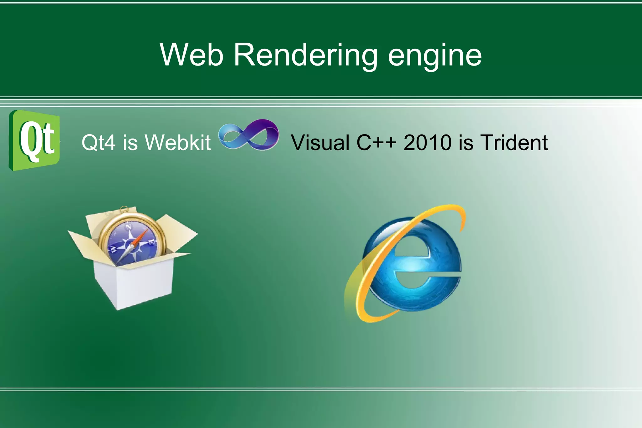 Web Rendering engine
・ Qt4 is Webkit ・ Visual C++ 2010 is Trident
 