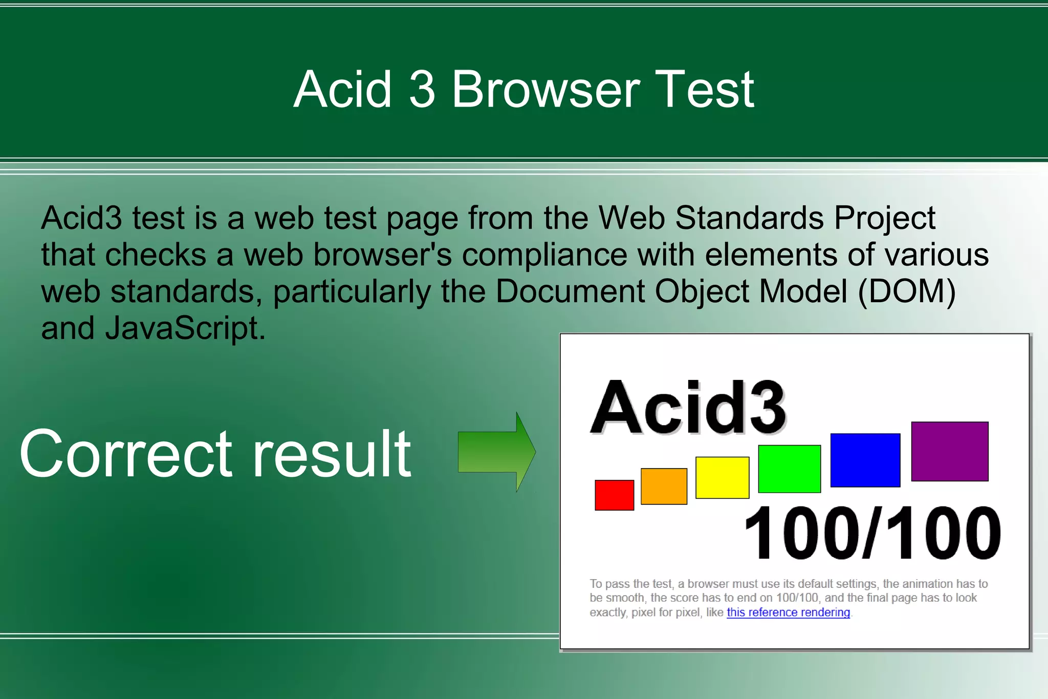 Acid 3 Browser Test
Acid3 test is a web test page from the Web Standards Project
that checks a web browser's compliance with elements of various
web standards, particularly the Document Object Model (DOM)
and JavaScript.
Correct result
 