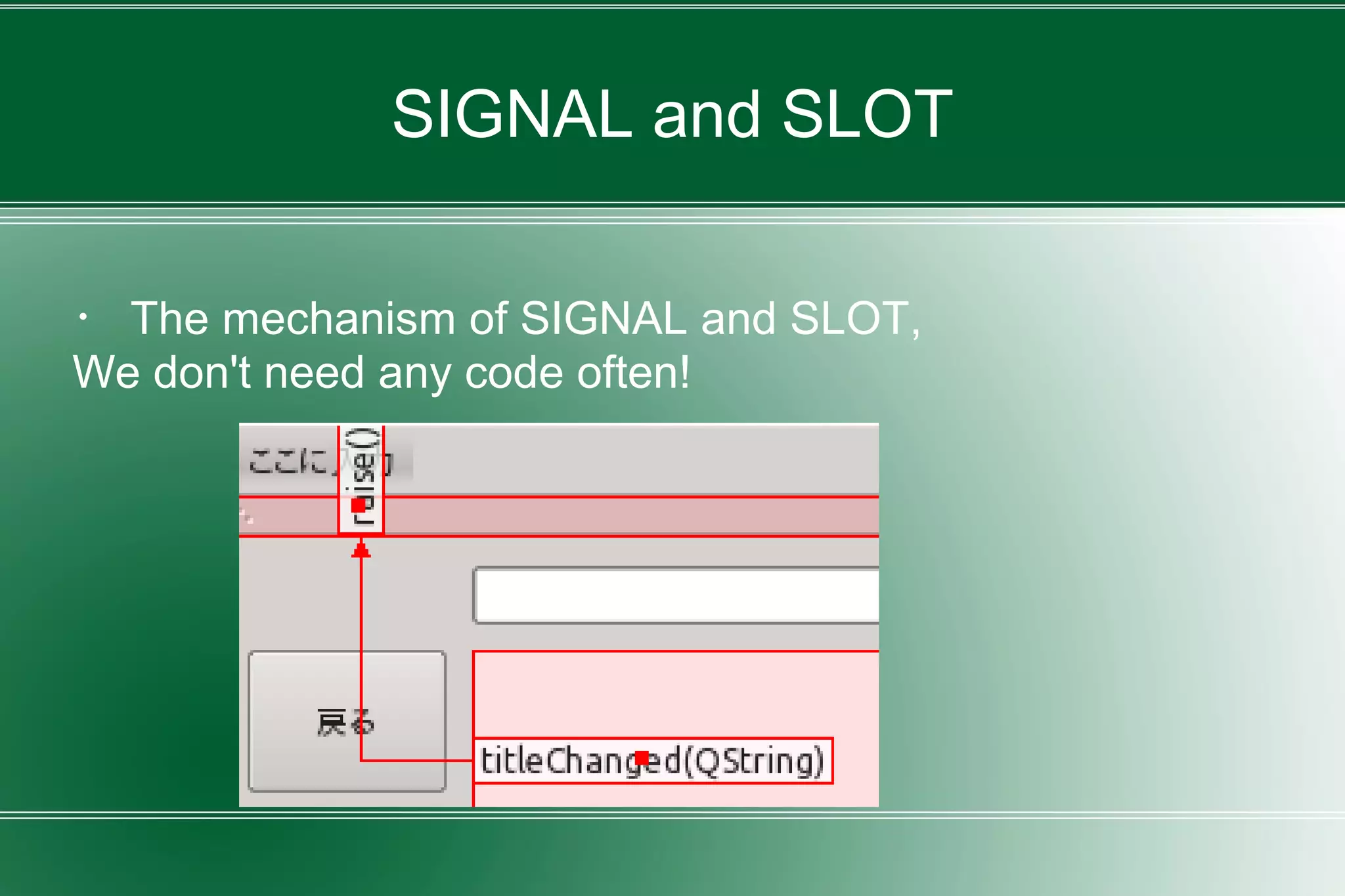 SIGNAL and SLOT
・ The mechanism of SIGNAL and SLOT,
We don't need any code often!
 