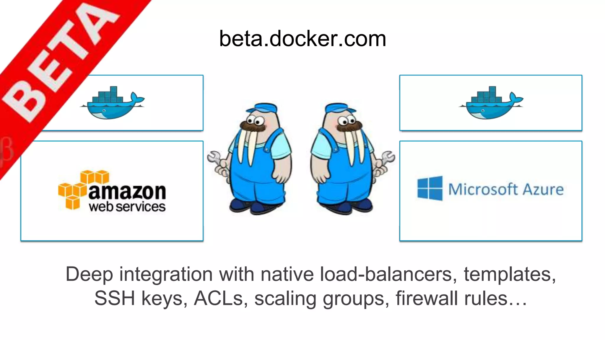 Deep integration with native load-balancers, templates, SSH keys, ACLs, scaling groups, firewall rules… beta.docker.com 