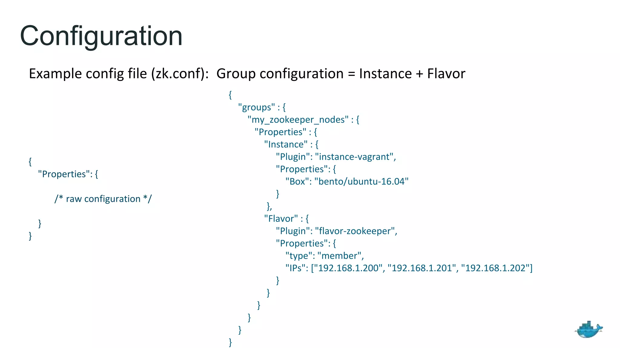 Configuration Example config file (zk.conf): Group configuration = Instance + Flavor { "Properties": { /* raw configuration */ } } { "groups" : { "my_zookeeper_nodes" : { "Properties" : { "Instance" : { "Plugin": "instance-vagrant", "Properties": { "Box": "bento/ubuntu-16.04" } }, "Flavor" : { "Plugin": "flavor-zookeeper", "Properties": { "type": "member", "IPs": ["192.168.1.200", "192.168.1.201", "192.168.1.202"] } } } } } } 