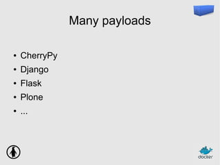 Many payloads
● CherryPy
● Django
● Flask
● Plone
● ...
 