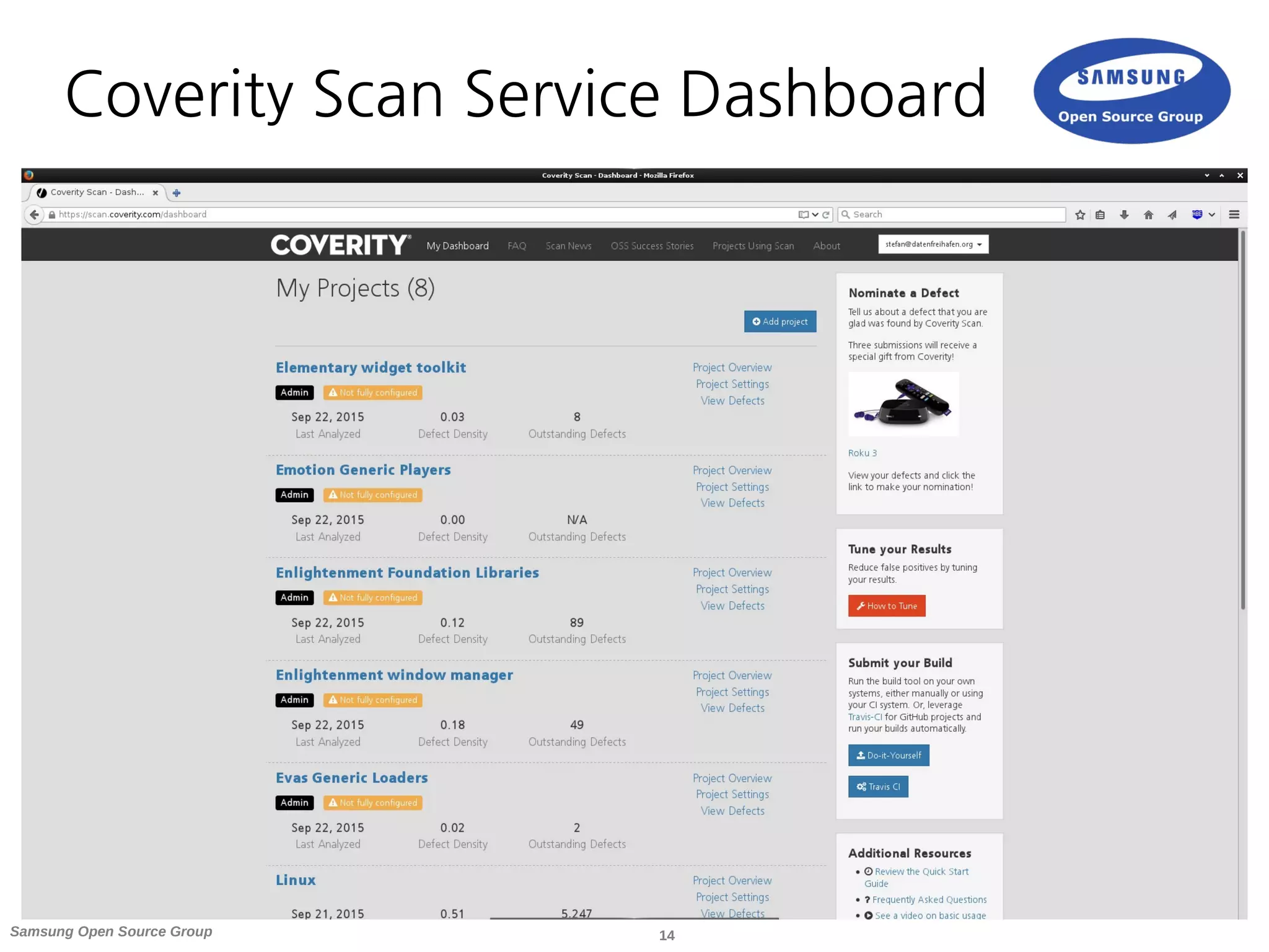 14Samsung Open Source Group
Coverity Scan Service Dashboard
 