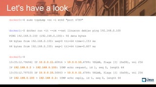 Let's have a look
docker0:~$ sudo tcpdump -nn -i eth0 "port 4789"
docker1:~$ docker run -it --rm --net linuxcon debian ping 192.168.0.100
PING 192.168.0.100 (192.168.0.100): 56 data bytes
64 bytes from 192.168.0.100: seq=0 ttl=64 time=1.153 ms
64 bytes from 192.168.0.100: seq=1 ttl=64 time=0.807 ms
docker0:~$
13:35:12.796941 IP 10.0.0.11.60916 > 10.0.0.10.4789: VXLAN, flags [I] (0x08), vni 256
IP 192.168.0.2 > 192.168.0.100: ICMP echo request, id 1, seq 0, length 64
13:35:12.797035 IP 10.0.0.10.54953 > 10.0.0.11.4789: VXLAN, flags [I] (0x08), vni 256
IP 192.168.0.100 > 192.168.0.2: ICMP echo reply, id 1, seq 0, length 64
 