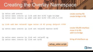Creating the Overlay Namespace
ip netns add overns
ip netns exec overns ip link add dev br42 type bridge
ip netns exec overns ip addr add dev br42 192.168.0.1/24
ip link add dev vxlan42 type vxlan id 42 proxy dstport 4789
ip link set vxlan1 netns overns
ip netns exec overns ip link set vxlan42 master br42
ip netns exec overns ip link set vxlan42 up
ip netns exec overns ip link set br42 up
create overlay NS
create bridge in NS
create VXLAN interface
move it to NS
add it to bridge
bring all interfaces up
setup_vxlan script
 