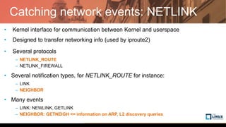 Catching network events: NETLINK
• Kernel interface for communication between Kernel and userspace
• Designed to transfer networking info (used by iproute2)
• Several protocols
– NETLINK_ROUTE
– NETLINK_FIREWALL
• Several notification types, for NETLINK_ROUTE for instance:
– LINK
– NEIGHBOR
• Many events
– LINK: NEWLINK, GETLINK
– NEIGHBOR: GETNEIGH <= information on ARP, L2 discovery queries
 