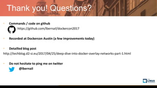 Thank you! Questions?
• Commands / code on github
https://github.com/lbernail/dockercon2017
• Recorded at Dockercon Austin (a few improvements today)
• Detailled blog post
http://techblog.d2-si.eu/2017/04/25/deep-dive-into-docker-overlay-networks-part-1.html
• Do not hesitate to ping me on twitter
@lbernail
 