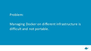 Problem:	
Managing	Docker	on	different	infrastructure	is 
difficult	and	not	portable.
 