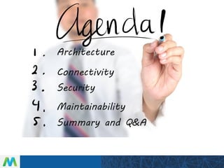 Agenda
Architecture
Connectivity
Security
Maintainability
Summary and Q&A
 
