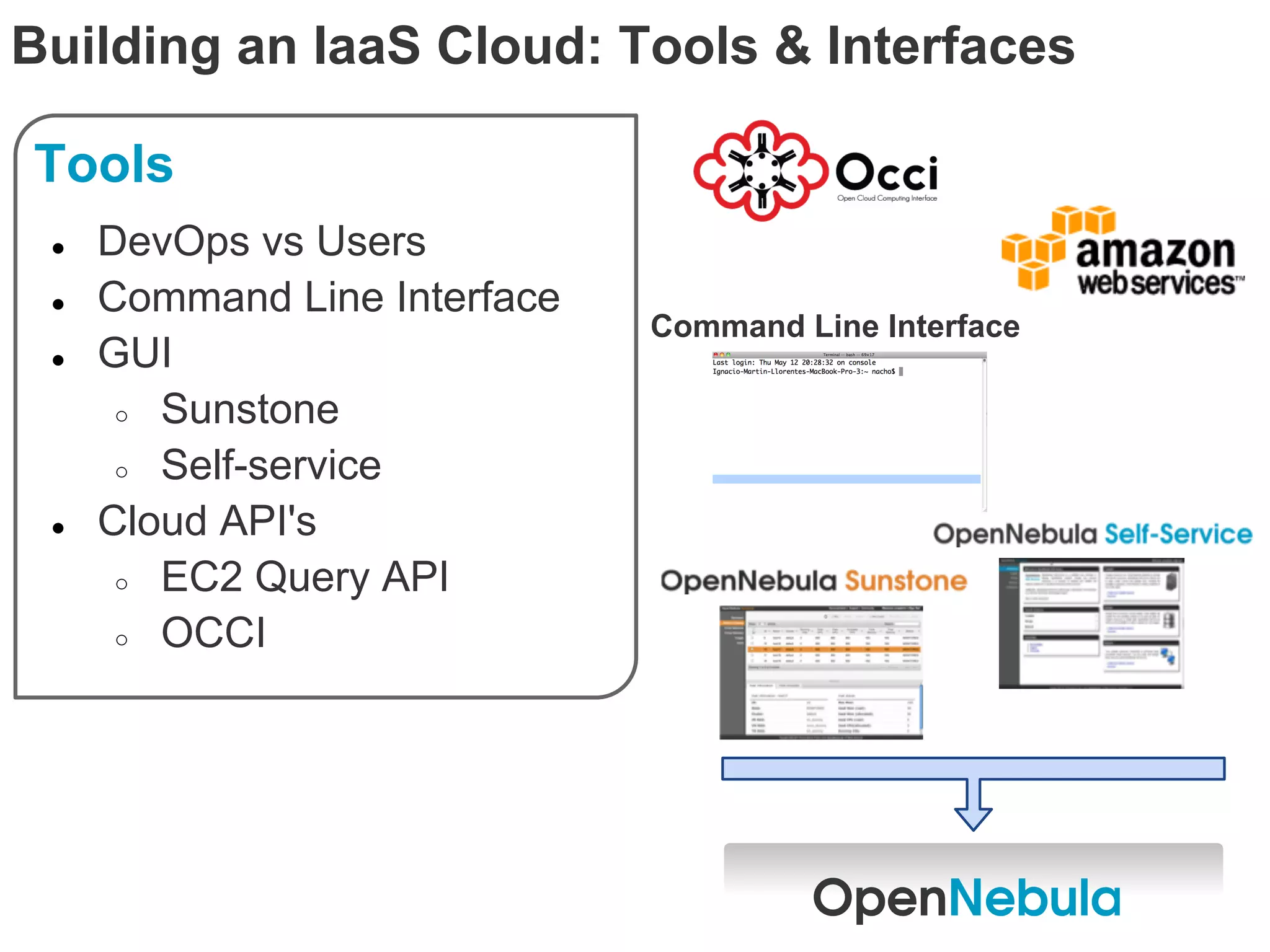 Building an IaaS Cloud: Tools & Interfaces

Tools
 ●   DevOps vs Users
 ●   Command Line Interface
                              Command Line Interface
 ●   GUI
      ○ Sunstone

      ○ Self-service

 ●   Cloud API's
      ○ EC2 Query API

      ○ OCCI
 