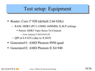 Test setup: Equipment <ul><li>Router: Core i7 920 (default 2.66 GHz) </li></ul><ul><ul><li>RAM: DDR3 (PC3-12800) 1600MHz X...