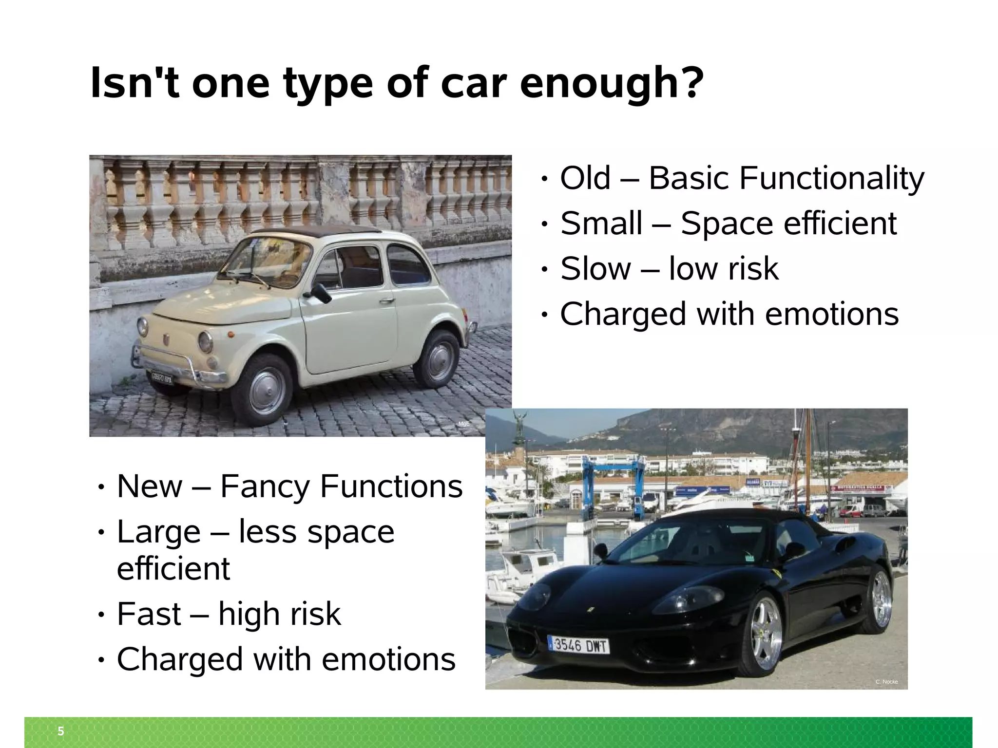 5
Isn't one type of car enough?
C. Nocke
MgE
• New – Fancy Functions
• Large – less space
efficient
• Fast – high risk
• Charged with emotions
• Old – Basic Functionality
• Small – Space efficient
• Slow – low risk
• Charged with emotions
 