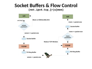 Socket Buffers & Flow Control
(net.ipv4.tcp_{r|w}mem)
ssh
TX Ring Buffer
TCP/IP
Socket Buffer
wmem
overlimit?
Block or EWOULDBLOCK
wmem += packet-size
ssh
RX Ring Buffer
TCP/IP
Socket Buffer
rmem -= packet-size
rmem
overlimit?
Reduce TCP Window
rmem += packet-size
wmem -= packet-size
write()
 