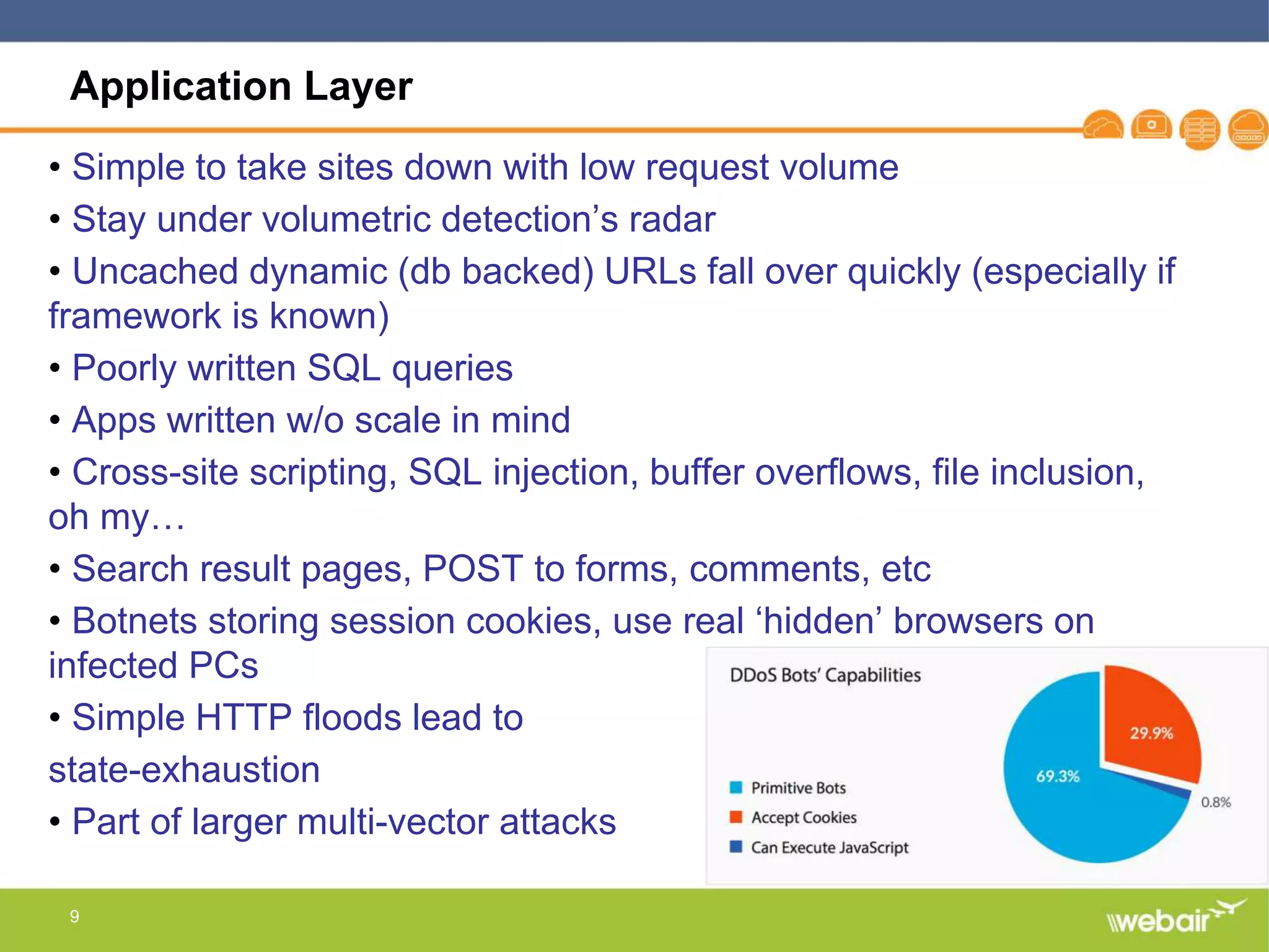 9
Application Layer
• Simple to take sites down with low request volume
• Stay under volumetric detection’s radar
• Uncached dynamic (db backed) URLs fall over quickly (especially if
framework is known)
• Poorly written SQL queries
• Apps written w/o scale in mind
• Cross-site scripting, SQL injection, buffer overflows, file inclusion,
oh my…
• Search result pages, POST to forms, comments, etc
• Botnets storing session cookies, use real ‘hidden’ browsers on
infected PCs
• Simple HTTP floods lead to
state-exhaustion
• Part of larger multi-vector attacks
 