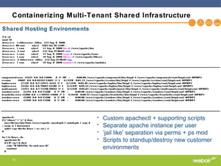 10
Containerizing Multi-Tenant Shared Infrastructure
Shared Hosting Environments
# ls -al
total 10
drwx--x--x 4 clifico-www clifico 512 Aug 8 2008 .
drwx--x--x 88 root wheel 3584 Jul 30 13:09 ..
lrwxr-xr-x 1 root wheel 15 Aug 8 2008 bin -> /www/apache/bin
drwxr-xr-x 3 root wheel 512 Aug 19 00:07 conf
lrwxr-xr-x 1 root wheel 17 Aug 8 2008 icons -> /www/apache/icons
lrwxr-xr-x 1 root wheel 19 Aug 8 2008 libexec -> /www/apache/libexec
drwxr-xr-x 2 clifico-www clifico 512 Aug 19 00:05 logs
lrwxr-xr-x 1 root wheel 19 Aug 8 2008 modules -> /www/apache/modules
zsmgcontrol-www 47227 0.0 0.0 54096 0 ?? IW - 0:00.00 /www/vapache/smgcontrol/bin/httpd -f /www/vapache/smgcontrol/conf/httpd.conf -DPHP5
revsinn 49687 0.0 0.8 82332 34604 ?? I 2:13AM 0:01.13 /www/vapache/revsinn/bin/httpd -f /www/vapache/revsinn/conf/httpd.conf -DPHP5
laphta-www 51439 0.0 0.2 55944 6352 ?? I 2:14AM 0:02.20 /www/vapache/laphta/bin/httpd -f /www/vapache/laphta/conf/httpd.conf -DPHP5
laphta-www 53163 0.0 0.8 79604 33180 ?? I 2:15AM 0:02.53 /www/vapache/laphta/bin/httpd -f /www/vapache/laphta/conf/httpd.conf -DPHP5
msdivamarie 54375 0.0 0.7 75108 29032 ?? I 2:15AM 0:02.63 /www/vapache/msdivamarie/bin/httpd -f /www/vapache/msdivamarie/conf/httpd.conf -DPHP5
woodswe-www 55193 0.0 0.0 75588 0 ?? IW - 0:00.00 /www/vapache/woodswe/bin/httpd -f /www/vapache/woodswe/conf/httpd.conf -DPHP5
frenchelite-www 55280 0.0 1.1 90392 44660 ?? I 2:16AM 0:00.73 /www/vapache/frenchelite/bin/httpd -f /www/vapache/frenchelite/conf/httpd.conf -DPHP5
woodswe-www 55289 0.0 0.0 75588 0 ?? IW - 0:00.00 /www/vapache/woodswe/bin/httpd -f /www/vapache/woodswe/conf/httpd.conf -DPHP5
woodswe-www 55290 0.0 0.0 75588 0 ?? IW - 0:00.00 /www/vapache/woodswe/bin/httpd -f /www/vapache/woodswe/conf/httpd.conf -DPHP5
apachectl..
if [ "x$user" = "x-" ]; then
user=$(/usr/bin/find /www/vapache -maxdepth 1 -mindepth 1 -type d
| xargs -n 1 basename)
split=`expr $(echo $user | wc -w) / 4`
fi
for i in $user ; do
apacheinit $i
if [ $? -eq 1 ]; then
echo "WARNING: No such user $i"
continue
fi
• Custom apachectl + supporting scripts
• Separate apache instance per user
• ‘jail like’ separation via perms + ps mod
• Scripts to standup/destroy new customer
environments
 