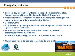 19
Ecosystem software
• Tectonic (by CoreOS) - Enterprise support - Kubernetes, etcd,
flannel, docker/rkt, coreOS, beautiful GUI, A/B updates
• Atomic (RedHat) - Enterprise support, subscription-manager, A/B
updates, use any fedora based distro, Selinux
• DockerSwarm
• RancherOS - Lightweight, containerizes all system processes, A/B
updates, simple rollback
• Triton - Abstracted single docker host across clustered
compute/network environment
• Vmware Photon,Snappy Ubuntu Core, Mesosphere DCOS
• Match Ecosystem to use case, workloads and skills
 