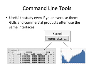 Command 
Line 
Tools 
• Useful 
to 
study 
even 
if 
you 
never 
use 
them: 
GUIs 
and 
commercial 
products 
ocen 
use 
the 
same 
interfaces 
Kernel 
/proc, 
/sys, 
… 
$ vmstat 1! 
procs -----------memory---------- ---swap-- …! 
r b swpd free buff cache si so …! 
9 0 0 29549320 29252 9299060 0 …! 
2 0 0 29547876 29252 9299332 0 …! 
4 0 0 29548124 29252 9299460 0 …! 
5 0 0 29548840 29252 9299592 0 …! 
 
