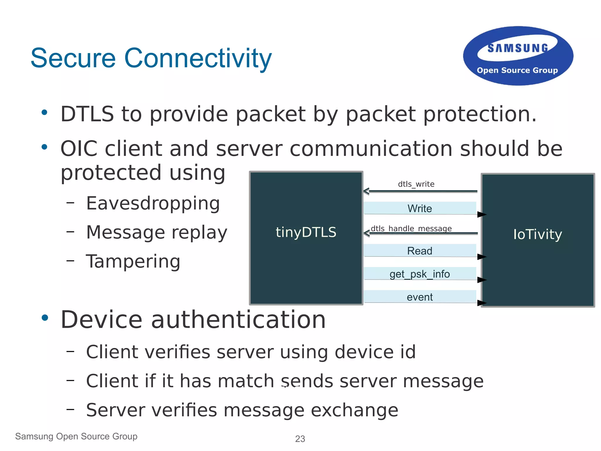 23Samsung Open Source Group
Secure Connectivity

DTLS to provide packet by packet protection.

OIC client and server communication should be
protected using
– Eavesdropping
– Message replay
– Tampering

Device authentication
– Client verifies server using device id
– Client if it has match sends server message
– Server verifies message exchange
dtls_write
dtls_handle_message
tinyDTLS
tinyDTLS IoTivity
 