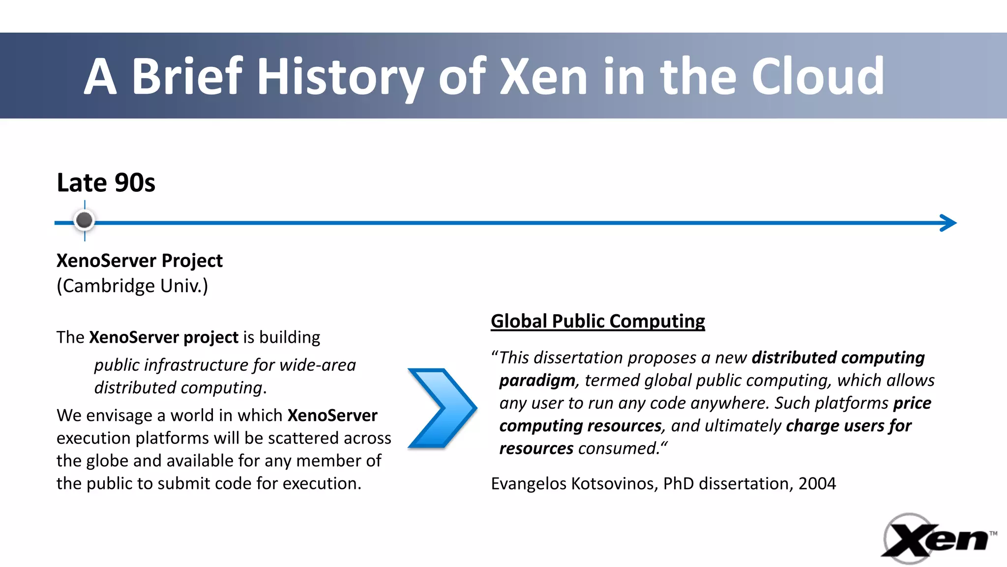A Brief History of Xen in the Cloud
Late 90s

XenoServer Project
(Cambridge Univ.)
                                               Global Public Computing
The XenoServer project is building
     public infrastructure for wide-area       “This dissertation proposes a new distributed computing
     distributed computing.                     paradigm, termed global public computing, which allows
                                                any user to run any code anywhere. Such platforms price
We envisage a world in which XenoServer
                                                computing resources, and ultimately charge users for
execution platforms will be scattered across
                                                resources consumed.“
the globe and available for any member of
the public to submit code for execution.       Evangelos Kotsovinos, PhD dissertation, 2004
 