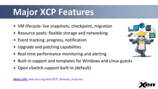 Major XCP Features
• VM lifecycle: live snapshots, checkpoint, migration
• Resource pools: flexible storage and networking
• Event tracking: progress, notification
• Upgrade and patching capabilities
• Real-time performance monitoring and alerting
• Built-in support and templates for Windows and Linux guests
• Open vSwitch support built-in (default)

More info: wiki.xen.org/wiki/XCP_Release_Features
 