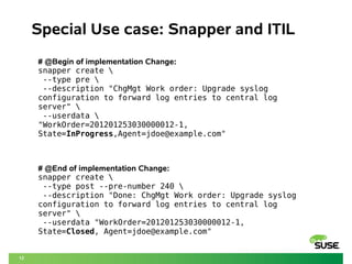 12 
Special Use case: Snapper and ITIL 
# @Begin of implementation Change: 
snapper create  
--type pre  
--description "ChgMgt Work order: Upgrade syslog 
configuration to forward log entries to central log 
server"  
--userdata  
"WorkOrder=201201253030000012-1, 
State=InProgress,Agent=jdoe@example.com" 
# @End of implementation Change: 
snapper create  
--type post --pre-number 240  
--description "Done: ChgMgt Work order: Upgrade syslog 
configuration to forward log entries to central log 
server"  
--userdata "WorkOrder=201201253030000012-1, 
State=Closed, Agent=jdoe@example.com" 
 