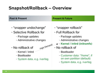 16 
Snapshot/Rollback – Overview 
Past & Present Present & Future 
• “snapper undochange” 
• Selective Rollback for 
‒ Package updates 
‒ Administrative changes 
• No rollback of 
‒ Kernel / initrd 
‒ Bootloader 
‒ System data, e.g. /var/log 
• “snapper rollback” 
• Full Rollback for 
‒ Package updates 
‒ Administrative changes 
‒ Kernel / initrd (initramfs) 
• No rollback of 
‒ Bootloader 
‒ Customer data: “/home”, if 
on own partition (default) 
‒ System data, e.g. /var/log 
High Demand 
 
