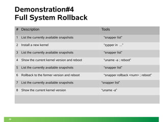 29 
Demonstration#4 
Full System Rollback 
# Description Tools 
1 List the currently available snapshots “snapper list” 
2 Install a new kernel “zypper in ...” 
3 List the currently available snapshots “snapper list” 
4 Show the current kernel version and reboot “uname -a ; reboot” 
5 List the currently available snapshots “snapper list” 
6 Rollback to the former version and reboot “snapper rollback <num> ; reboot” 
7 List the currently available snapshots “snapper list” 
8 Show the current kernel version “uname -a” 
 
