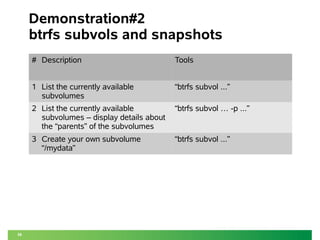 36 
Demonstration#2 
btrfs subvols and snapshots 
# Description Tools 
1 List the currently available 
subvolumes 
“btrfs subvol ...” 
2 List the currently available 
subvolumes – display details about 
the “parents” of the subvolumes 
“btrfs subvol … -p ...” 
3 Create your own subvolume 
“/mydata” 
“btrfs subvol ...” 
 