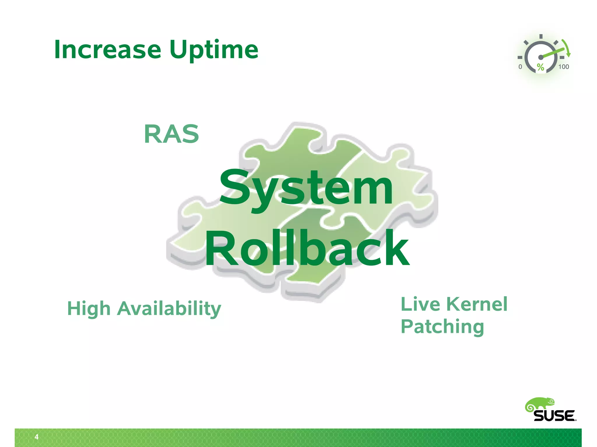 4 
RAS 
High Availability Live Kernel 
Patching 
Increase Uptime 
System 
Rollback 
 