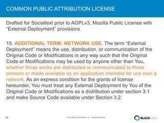 COMMON PUBLIC ATTRIBUTION LICENSE 
Drafted for Socialtext prior to AGPLv3, Mozilla Public License with 
“External Deployment” provisions 
15. ADDITIONAL TERM: NETWORK USE. The term “External 
Deployment” means the use, distribution, or communication of the 
Original Code or Modifications in any way such that the Original 
Code or Modifications may be used by anyone other than You, 
whether those works are distributed or communicated to those 
persons or made available as an application intended for use over a 
network. As an express condition for the grants of license 
hereunder, You must treat any External Deployment by You of the 
Original Code or Modifications as a distribution under section 3.1 
and make Source Code available under Section 3.2. 
28 © 2014 Black Duck Software, Inc. All Rights Reserved. 
 