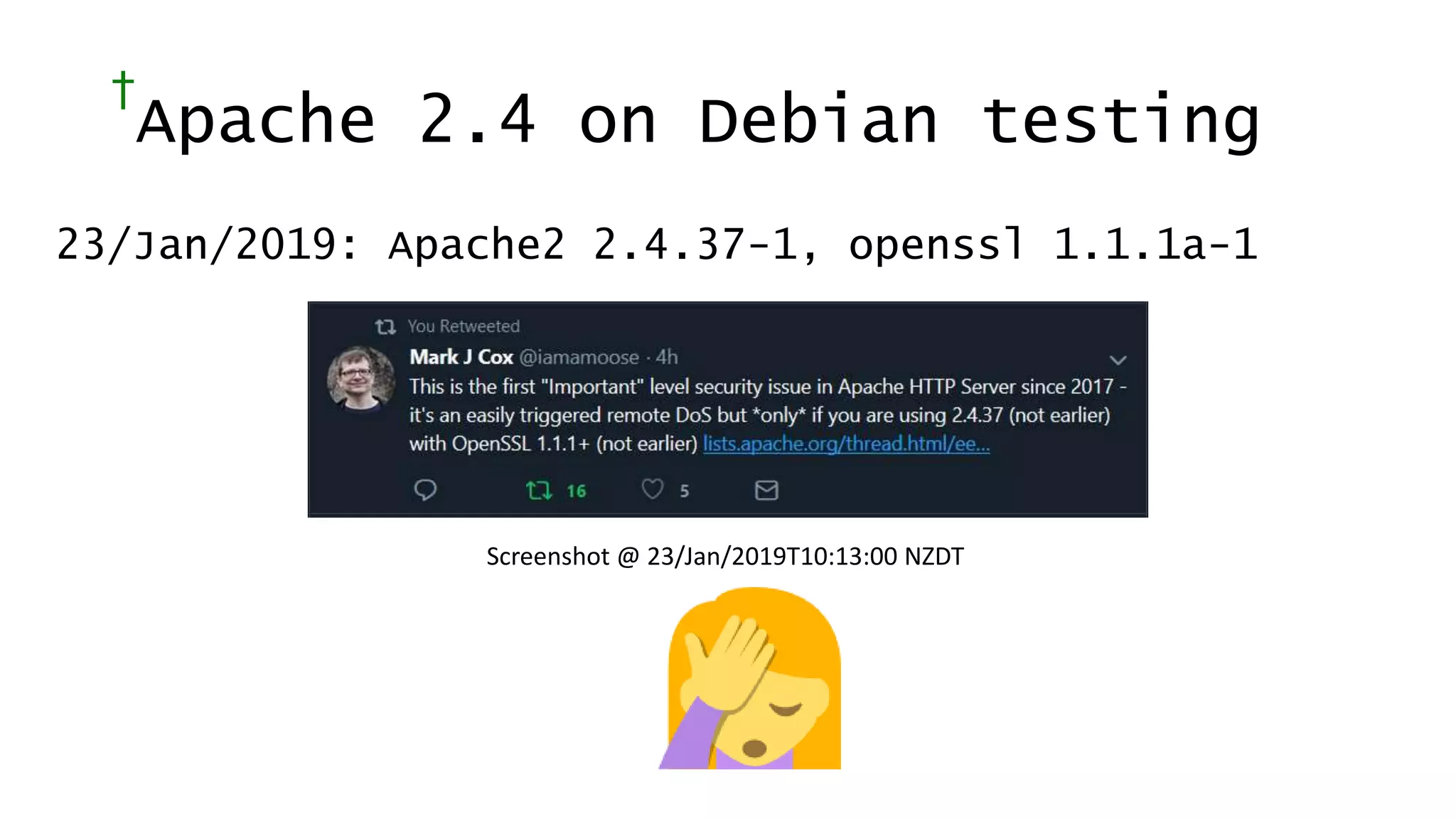 †
Apache 2.4 on Debian testing
23/Jan/2019: Apache2 2.4.37-1, openssl 1.1.1a-1
Screenshot @ 23/Jan/2019T10:13:00 NZDT
 