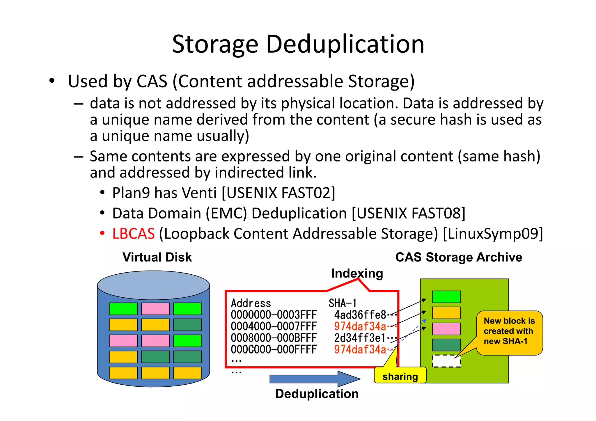 Storage Deduplication
• Used by CAS (Content addressable Storage)
  – data is not addressed by its physical location. Data is addressed by
    a unique name derived from the content (a secure hash is used as
    a unique name usually)
  – Same contents are expressed by one original content (same hash)
    and addressed by indirected link.
     • Plan9 has Venti [USENIX FAST02]
     • Data Domain (EMC) Deduplication [USENIX FAST08]
     • LBCAS (Loopback Content Addressable Storage) [LinuxSymp09]
         Virtual Disk                               CAS Storage Archive
                                         Indexing

                         Address         SHA-1
                         0000000-0003FFF 4ad36ffe8…              New block is
                         0004000-0007FFF 974daf34a…              created with
                         0008000-000BFFF 2d34ff3e1…              new SHA-1
                         000C000-000FFFF 974daf34a…
                         …
                         …                       sharing
                                Deduplication
 
