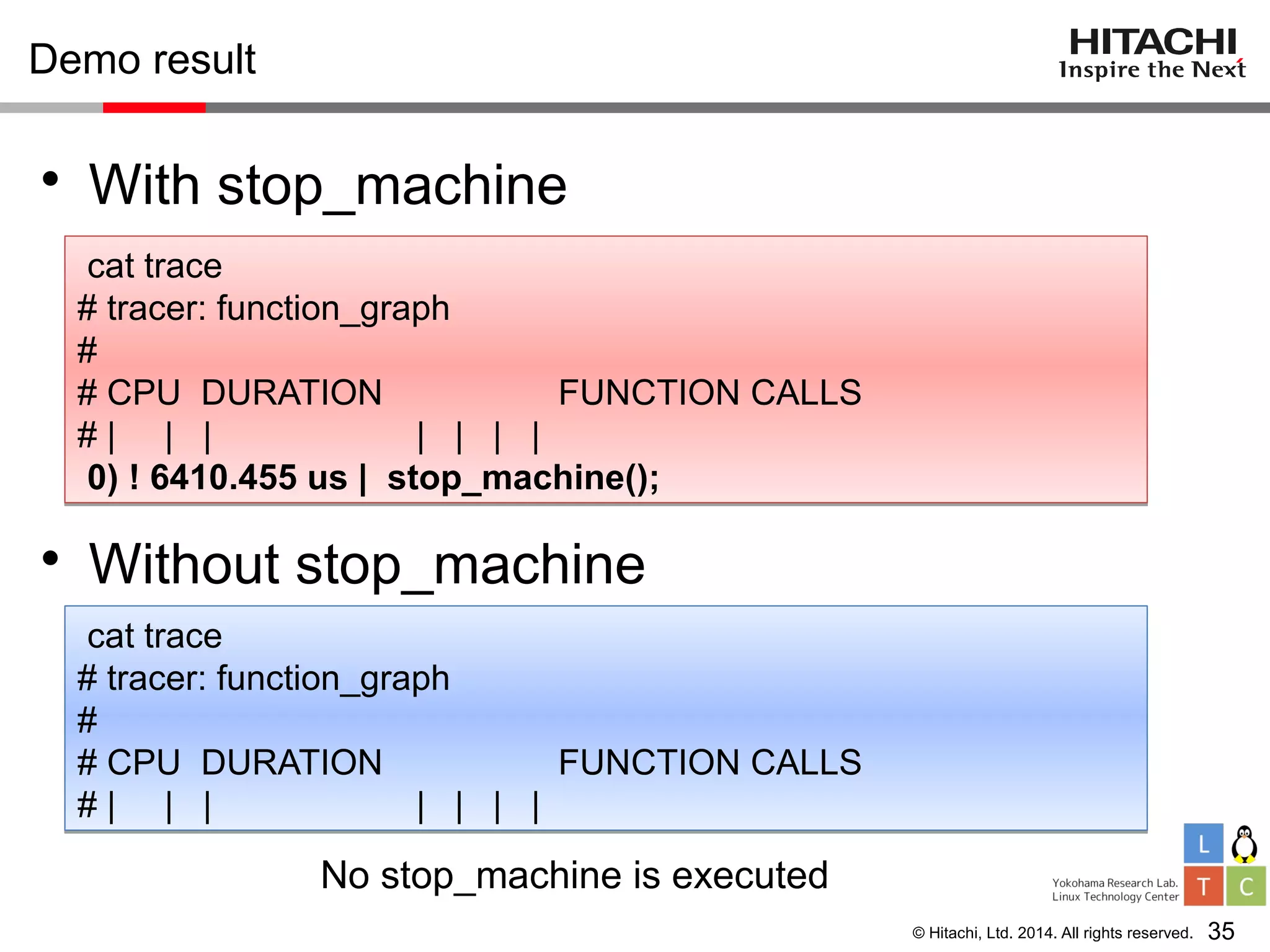 © Hitachi, Ltd. 2014. All rights reserved.
Demo result
• With stop_machine
• Without stop_machine
35
cat trace
# tracer: function_graph
#
# CPU DURATION FUNCTION CALLS
# | | | | | | |
0) ! 6410.455 us | stop_machine();
cat trace
# tracer: function_graph
#
# CPU DURATION FUNCTION CALLS
# | | | | | | |
0) ! 6410.455 us | stop_machine();
cat trace
# tracer: function_graph
#
# CPU DURATION FUNCTION CALLS
# | | | | | | |
cat trace
# tracer: function_graph
#
# CPU DURATION FUNCTION CALLS
# | | | | | | |
No stop_machine is executed
 