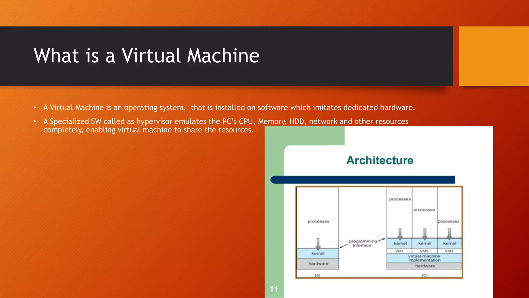 What is a Virtual Machine
• A Virtual Machine is an operating system, that is installed on software which imitates dedicated hardware.
• A Specialized SW called as hypervisor emulates the PC’s CPU, Memory, HDD, network and other resources
completely, enabling virtual machine to share the resources.
 