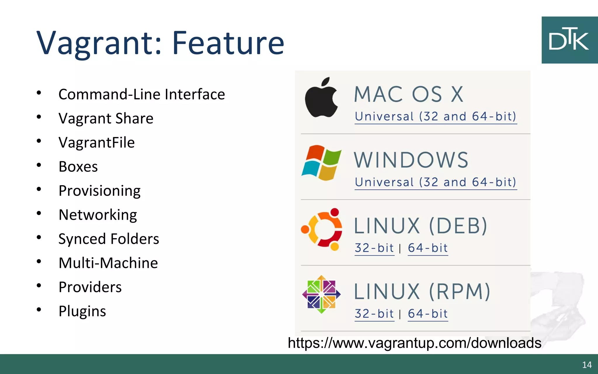Vagrant: Feature 
• Command-Line Interface 
• Vagrant Share 
• VagrantFile 
• Boxes 
• Provisioning 
• Networking 
• Synced Folders 
• Multi-Machine 
• Providers 
• Plugins 
14 
https://www.vagrantup.com/downloads 
 